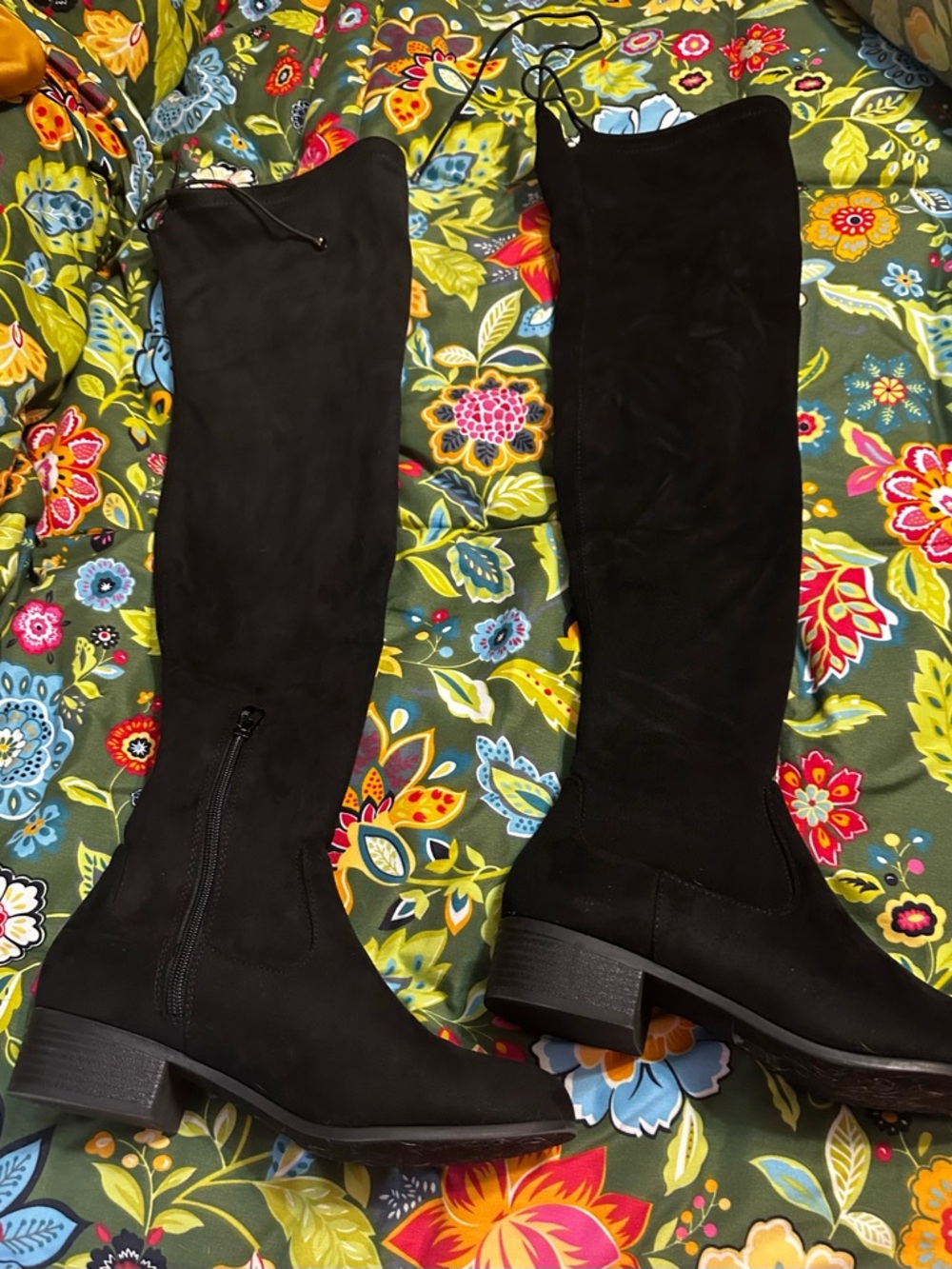 Black Over-the-Knee Suede Boots with Low Block Heel